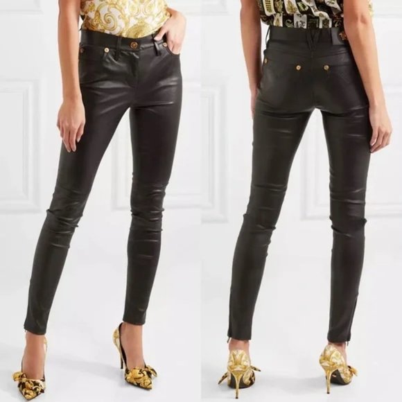 🎁 Versace Black High Waisted Skinny Leather Pants - Picture 1 of 14
